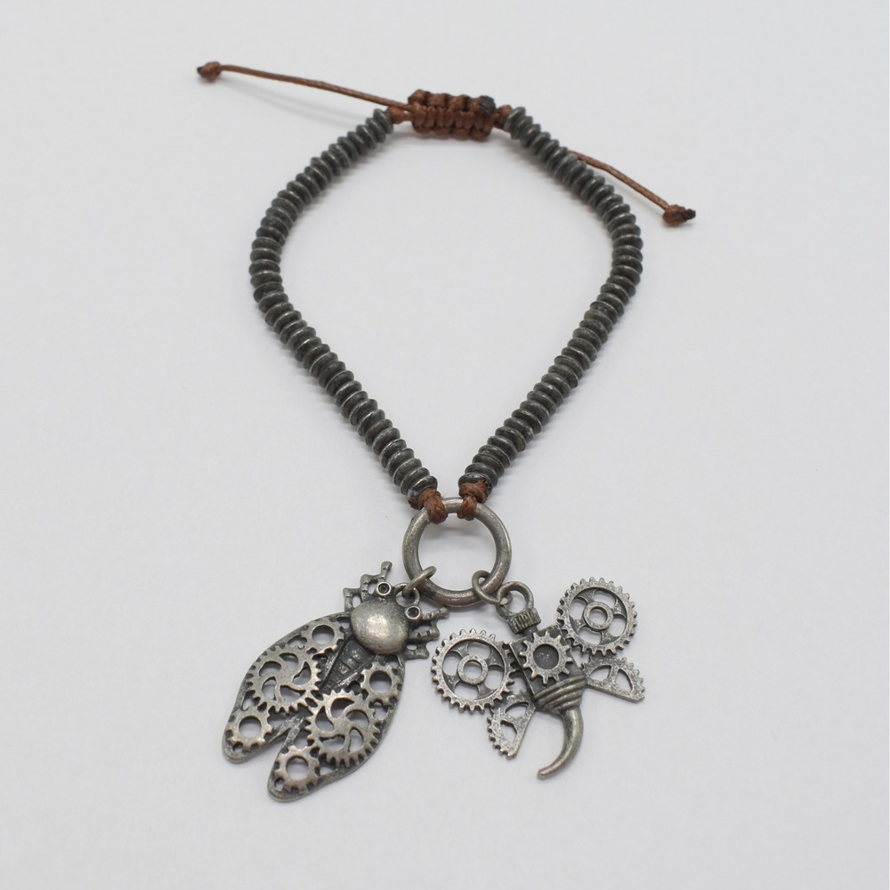 Steampunk Cicada Bee Charm Bracelet Silver Brown Gears Industrial Insect Whimsy